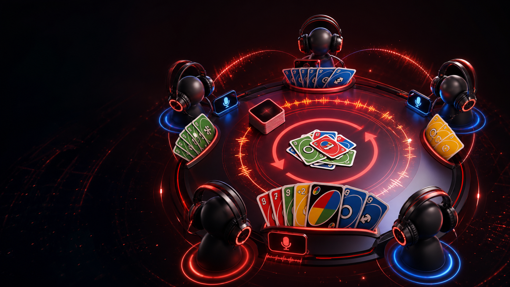 Players using voice chat around a digital card table